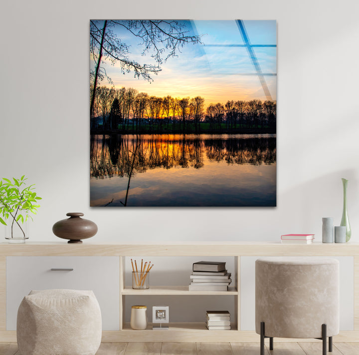 Sunset Forest Reflection Wall Art – Tranquil Lake Glass Print for Nature-Inspired Interiors