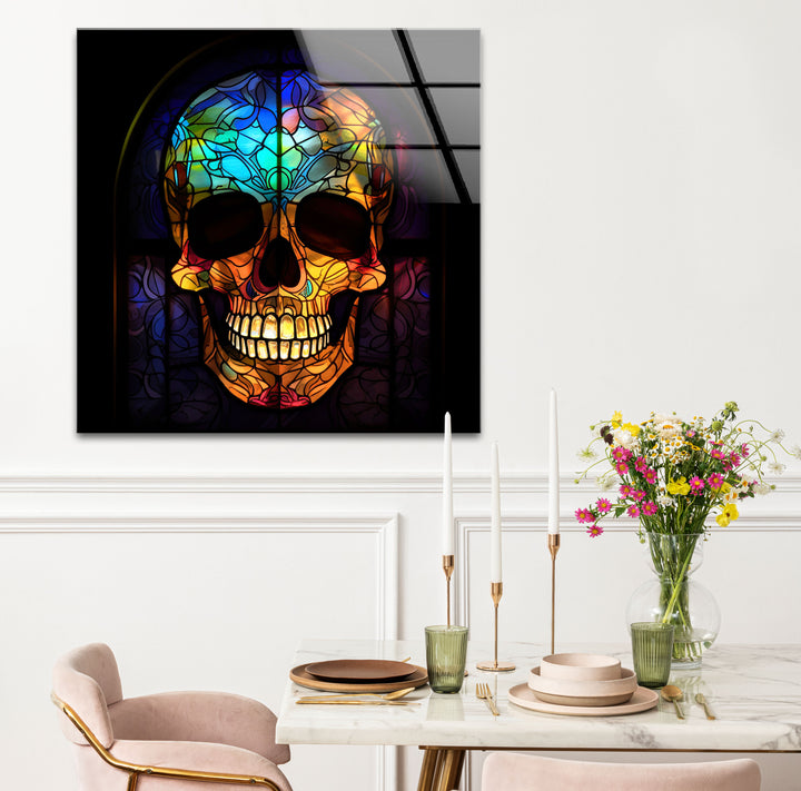 Gotischer Totenkopf Buntglas Wandkunst – Dunkles ästhetisches Fensterdesign, ausgefallene Wohndekoration 