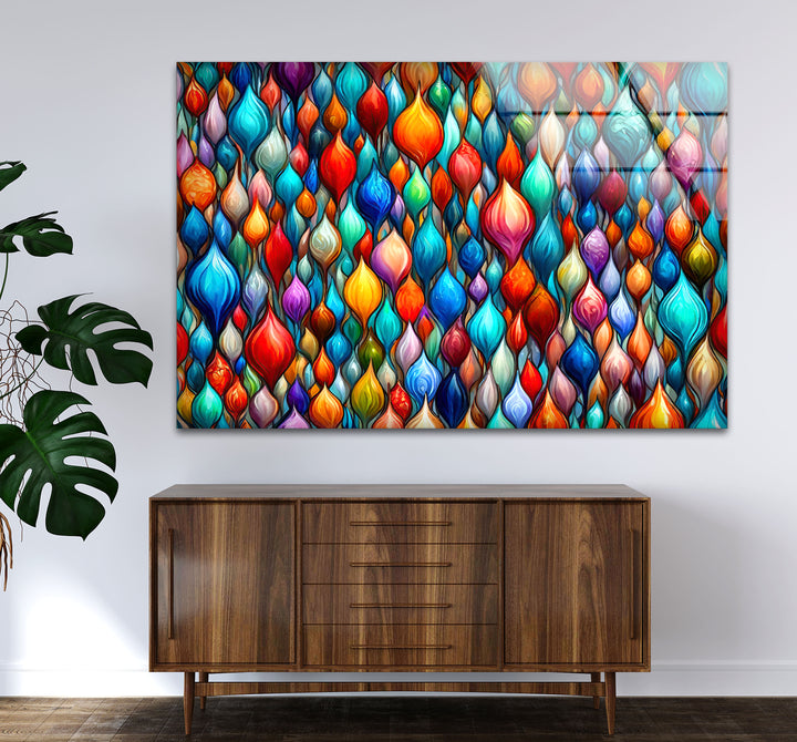Lebendige abstrakte Glaswandkunst – Buntes Tropfendesign 