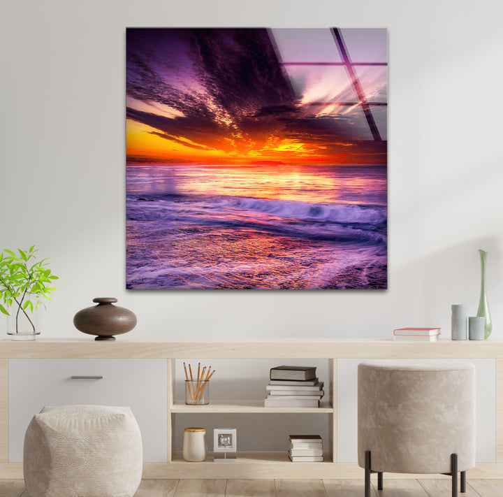 Vibrant Ocean Sunset Wall Art – Purple Sky & Waves Glass Print