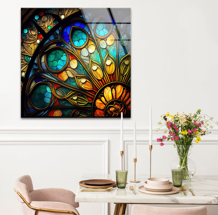 Buntglasfensterkunst – Elegantes gotisches Rosettenfenster-Design