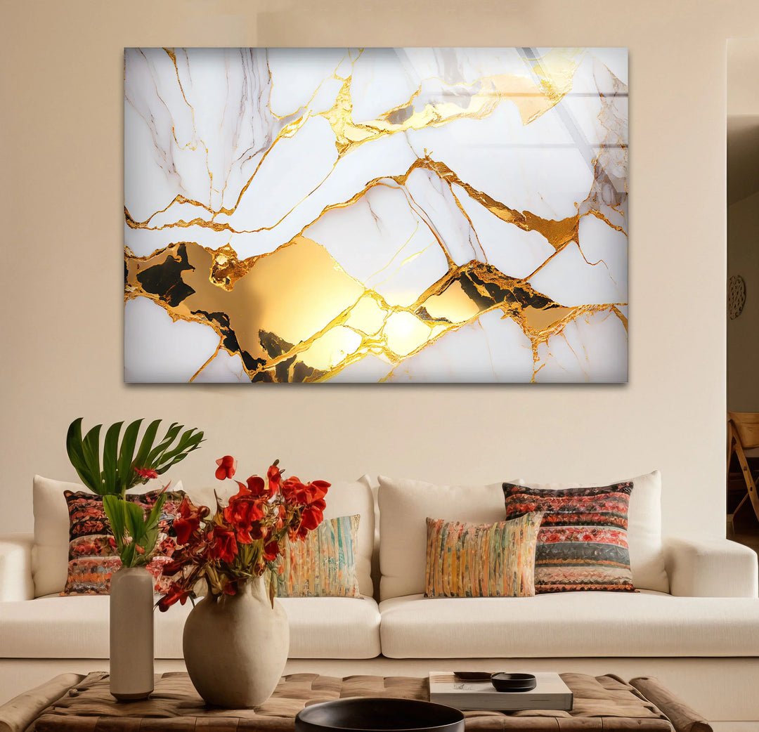 White and Gold Marble Wall Art – Luxury Glass Print for Elegant Interiors - MyPhotoStation