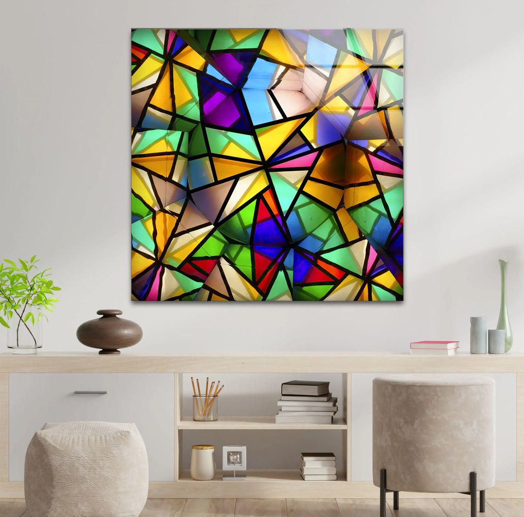 Geometric Color Explosion Glass Art – Abstract Modern Wall Decor in Bold Stained Glass Style - MyPhotoStation