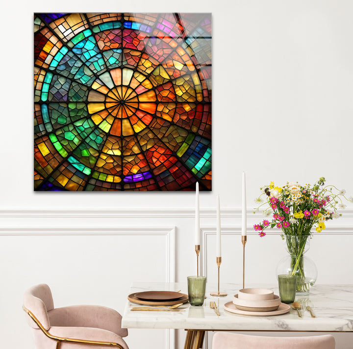 Radiant Wheel Mosaic Stained Glass Wall Art – Colorful Circular Window Decor