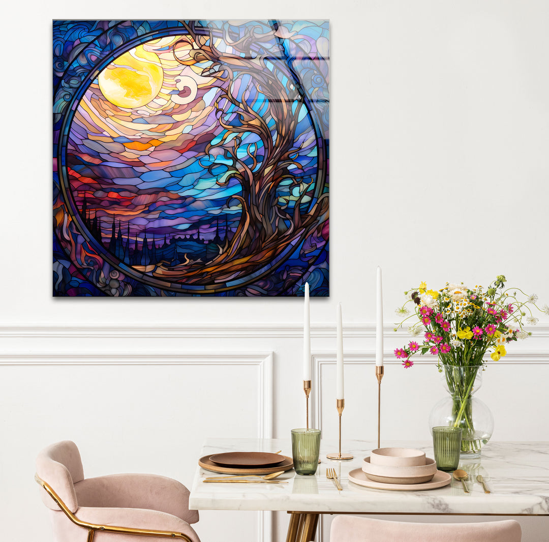 Mystic Moon Buntglas-Wandkunst – Verzauberter Baum &amp; Nachthimmel-Dekor