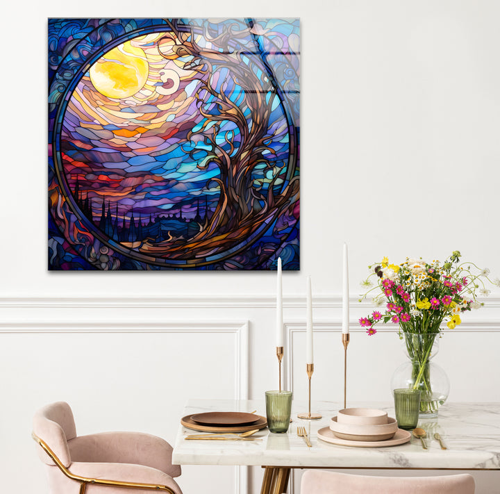 Mystic Moon Buntglas-Wandkunst – Verzauberter Baum &amp; Nachthimmel-Dekor