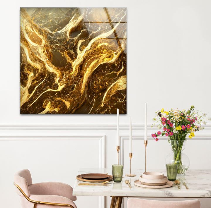 Molten Gold Marble Wall Art – Abstract Luxury Glass Print for Modern Decor