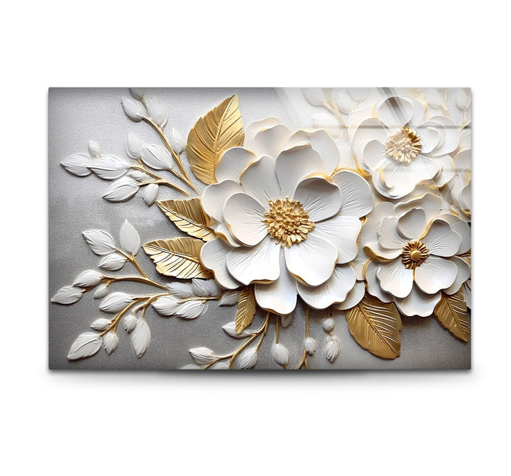 White Gold Floral Wall Art – 3D Textured Flower Print on Glass Panel - MyPhotoStation