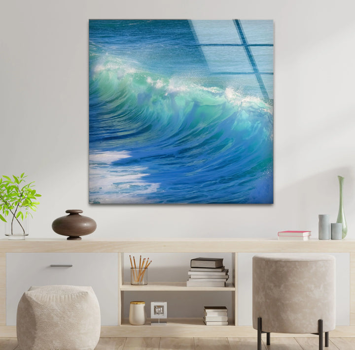 Crystal Blue Ocean Wave Wall Art – Tempered Glass Surf Seascape Print - MyPhotoStation