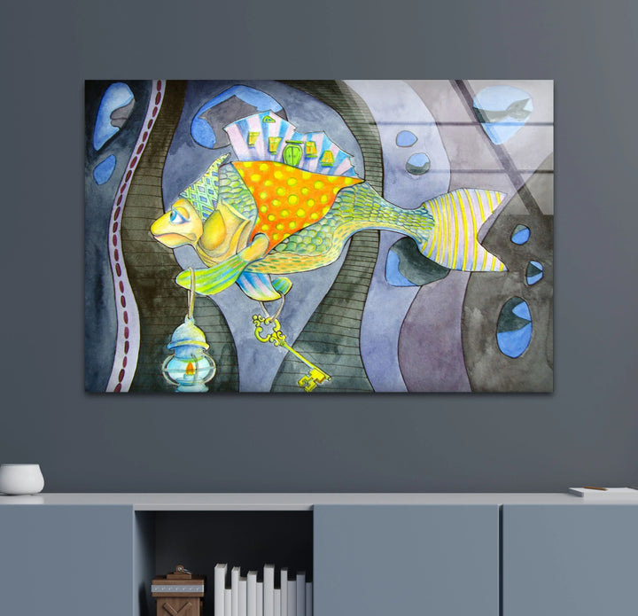 Surreal Fantasy Fish Wall Art – Whimsical Glass Print with Key & Lantern - MyPhotoStation