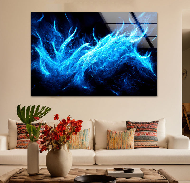 Blue Flame Abstract Glass Wall Art – Fiery Energy & Modern Decor