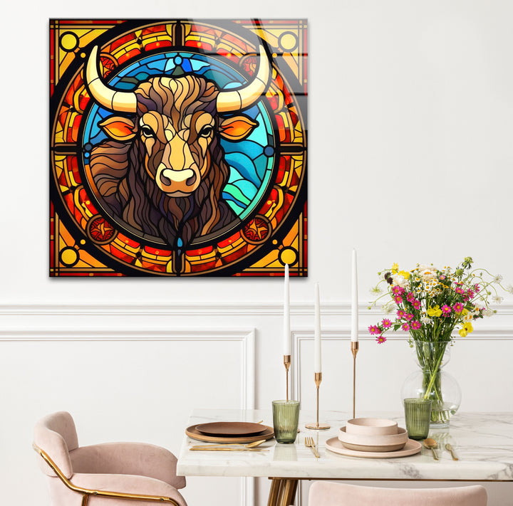 Wanddekoration mit Stier aus Buntglas – Rustikales Dekor, modernes Tierdesign 