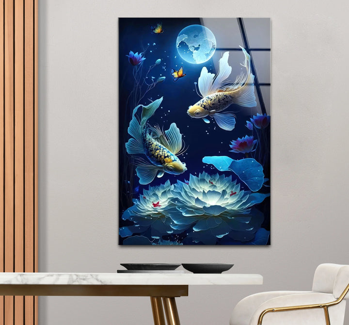 Moonlit Koi Fish and Lotus Wall Art – Tranquil Blue Glass Panel for Zen Decor