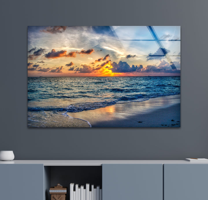 Tropical Ocean Sunset Wall Art – Serene Beach Glass Print for Tranquil and Coastal Interiors