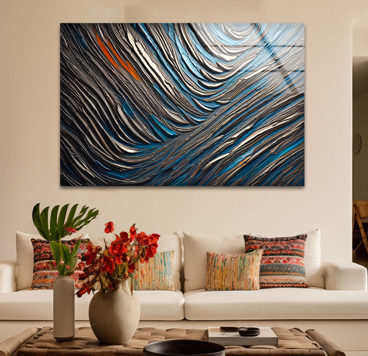 Textured Waves Abstract Glass Wall Art – Blue & Metallic Modern Decor