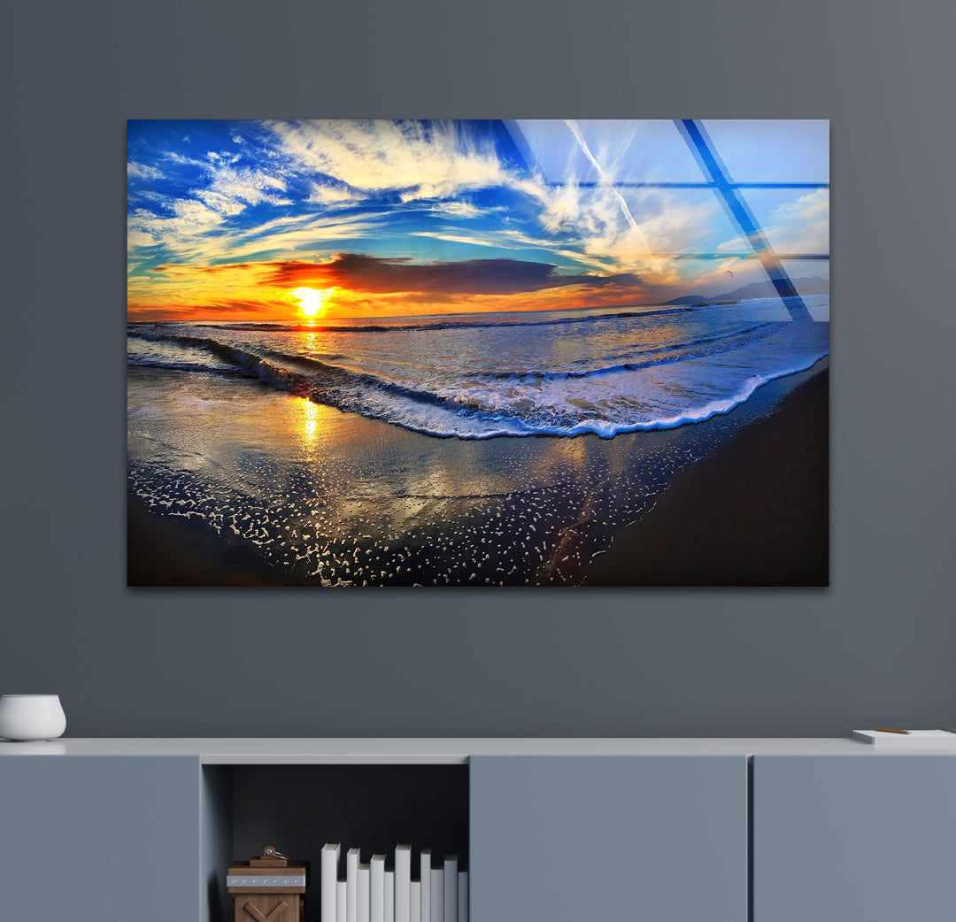 Sunset Beach Wave Wall Art – Vibrant Ocean Horizon Glass Print for Coastal and Modern Interiors