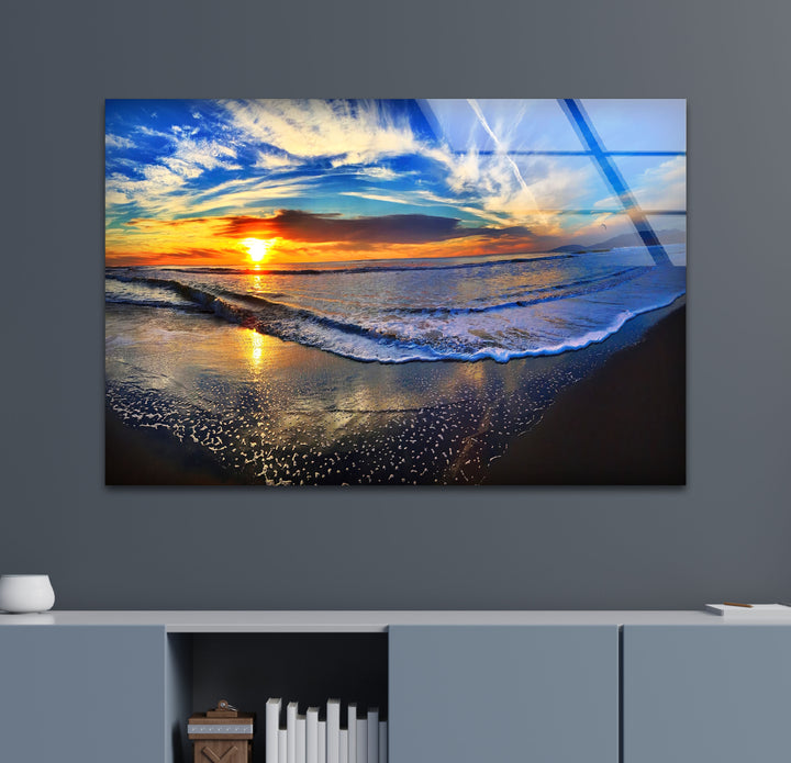 Sunset Beach Wave Wall Art – Vibrant Ocean Horizon Glass Print for Coastal and Modern Interiors