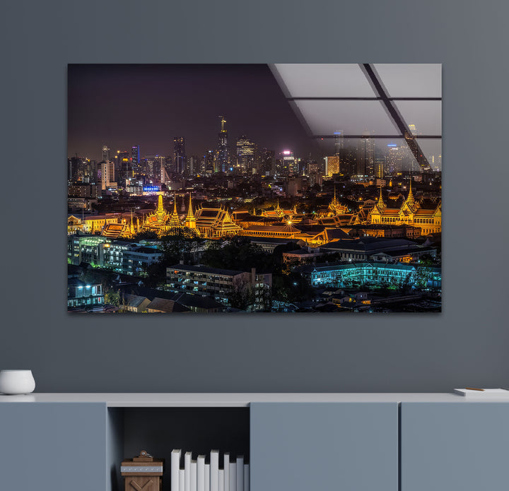 Bangkok Skyline at Night Wall Art – Illuminated Temple Cityscape Glass Print