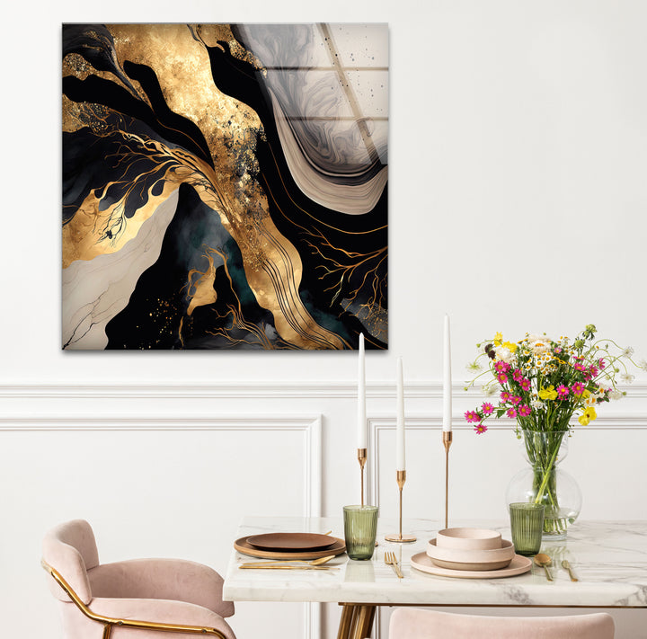 Black & Gold Abstract Glass Wall Art – Luxury Modern Fluid Design