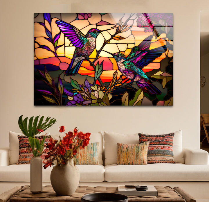 Hummingbird Stained Glass Wall Art – Sunset Floral Window Panel