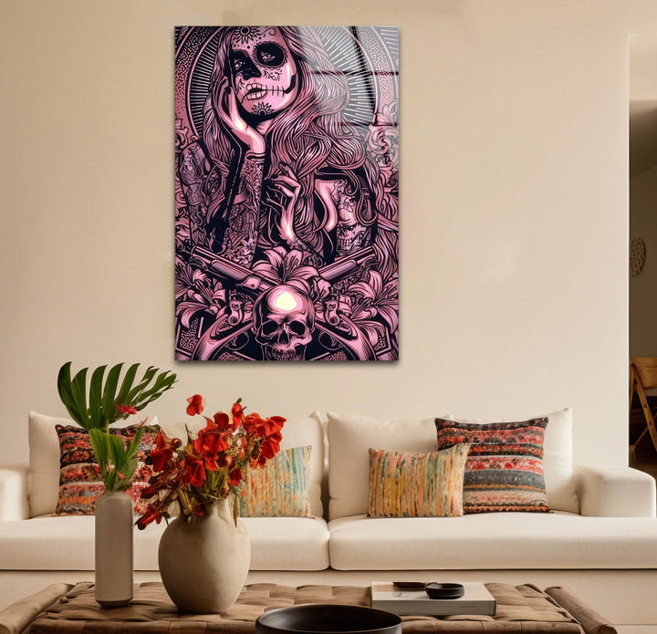 Day of the Dead Gothic Wall Art – Pink Skull Girl with Guns Tattoo Design - MyPhotoStation