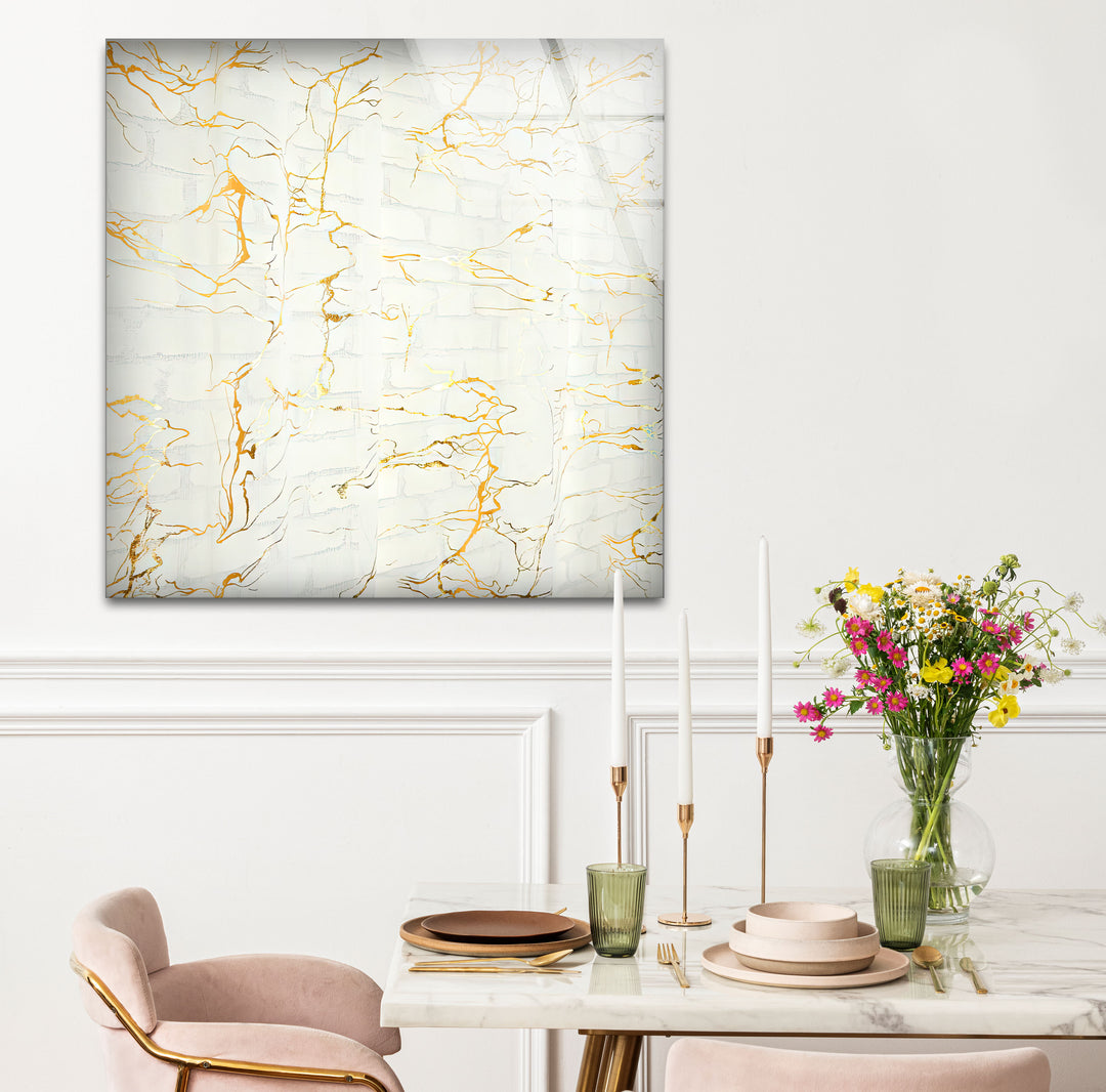White Marble Texture Glass Wall Art with Gold Veins – Modern Minimalist Decor