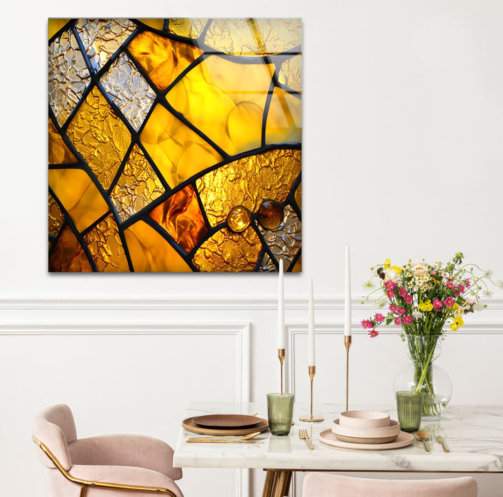 Goldene Buntglas-Wandkunst – Abstrakter strukturierter Glasdruck für Zuhause und Büro