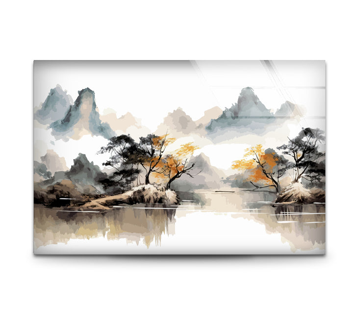 Serene Mountain Lake Wall Art – Asian Landscape Ink Style Glass Print