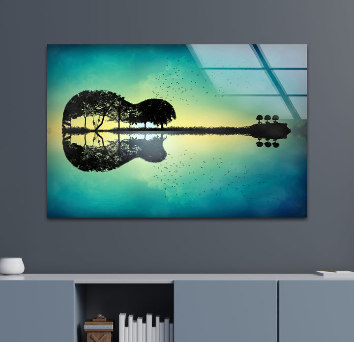 Surreal Guitar Island Wall Art – Nature and Music Landscape Glass Print