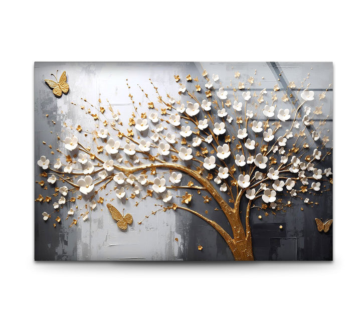 Golden Cherry Blossom Tree Wall Art – 3D Floral Glass Print with Butterflies
