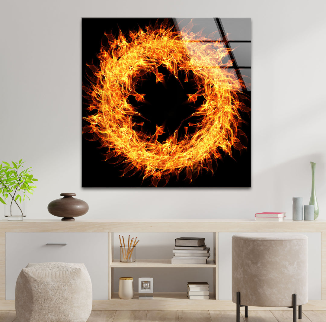 Fiery Ring Wall Art – Flame Circle Abstract Design on Tempered Glass