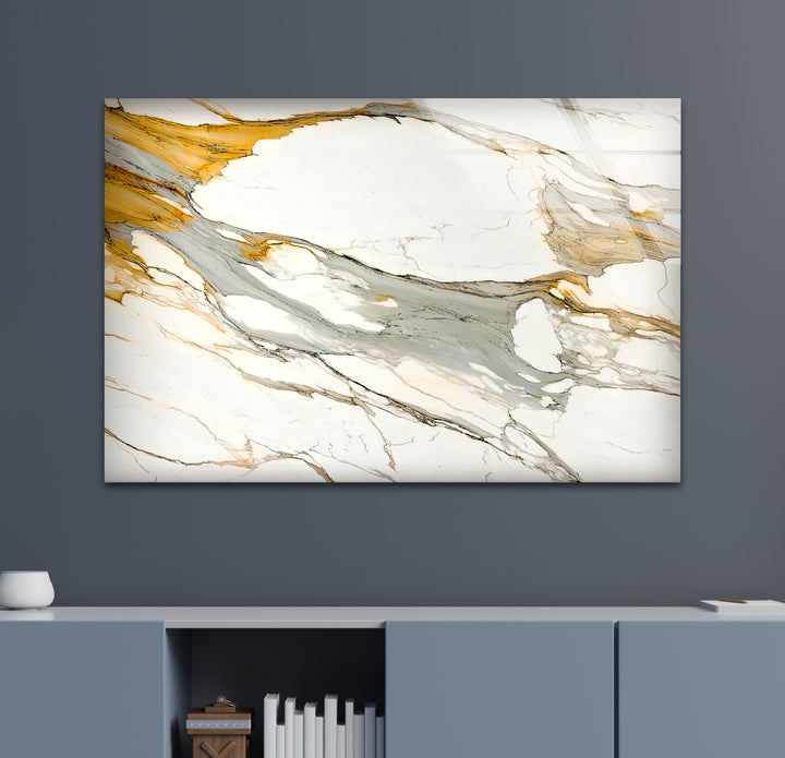 Gold Vein Marble Wall Art – Elegant Glass Print with White and Gray Swirls for Modern Luxury Interiors