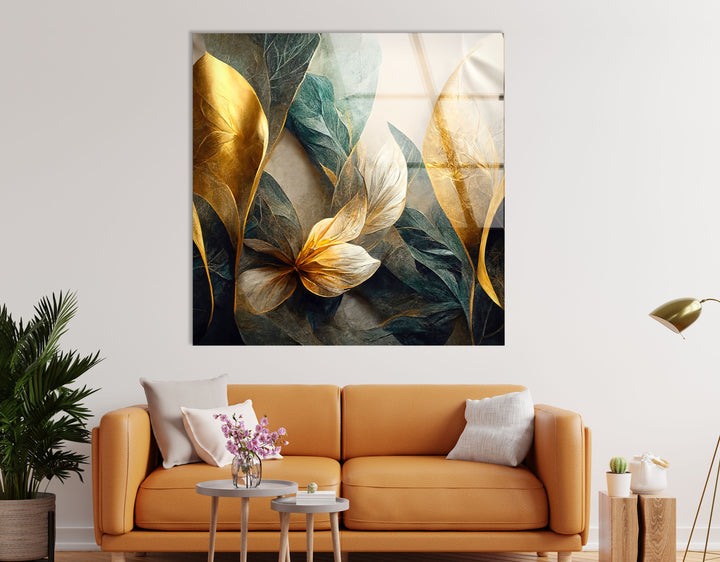 Goldene botanische Wandkunst – Luxuriöser floraler Glasdruck 