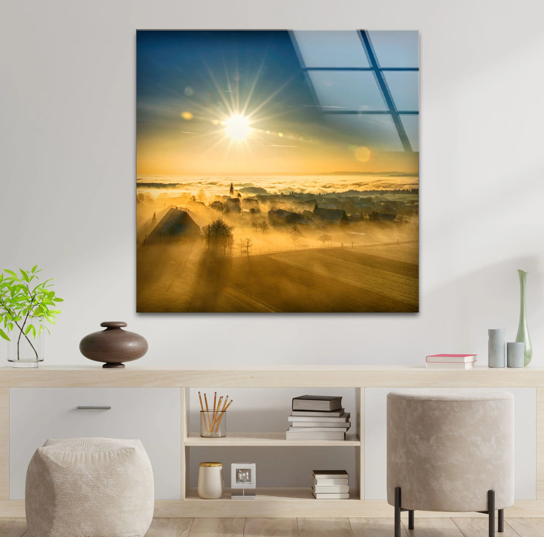 Golden Sunrise Over Foggy Countryside – Serene Morning Landscape Glass Wall Art - MyPhotoStation