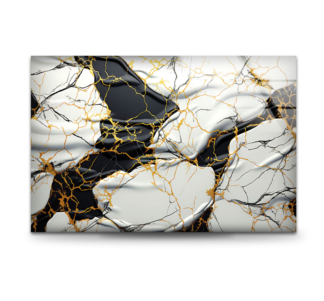 Luxury Marble Abstract Wall Art – Black, White & Gold Glass Panel Print