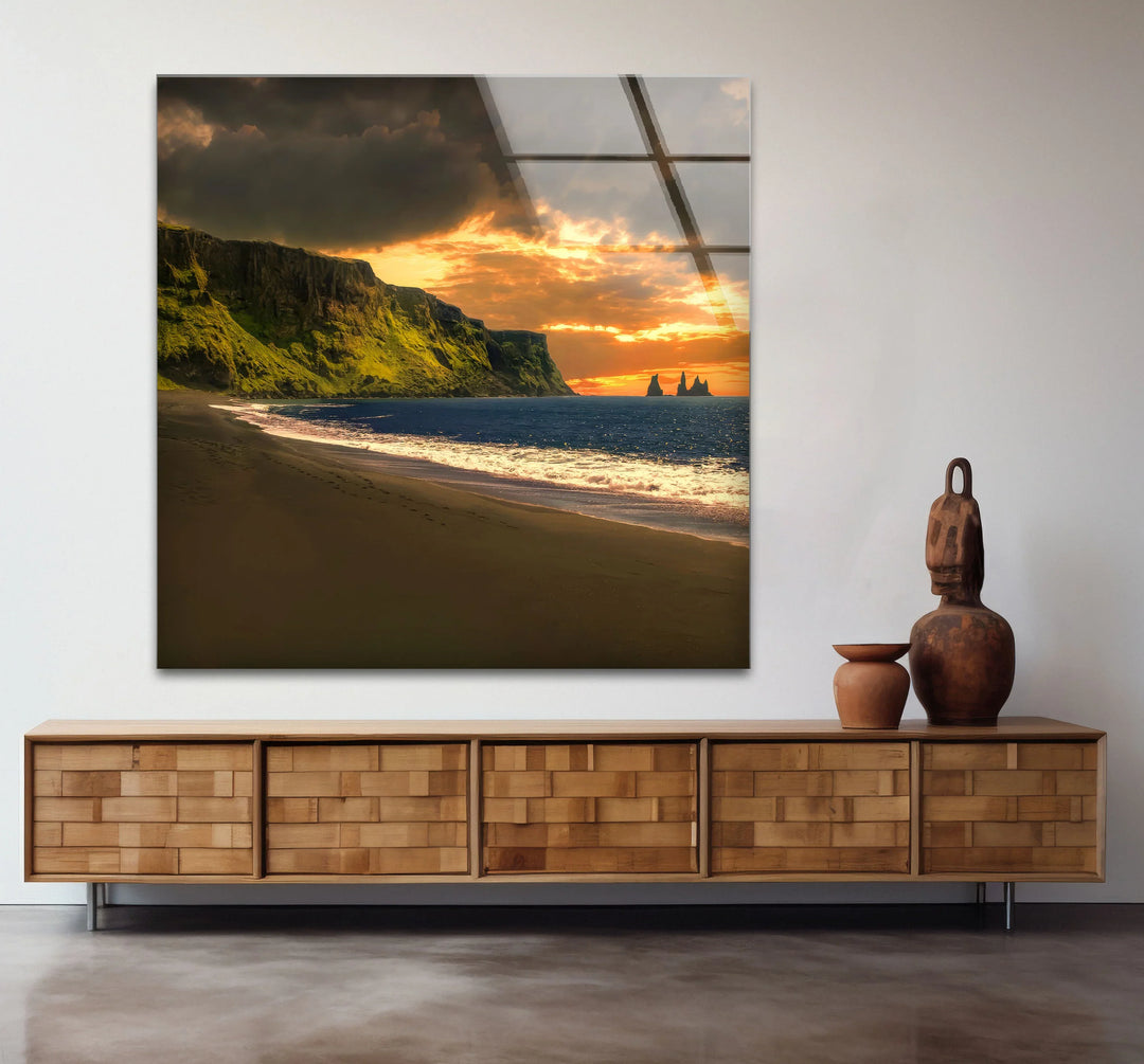 Sunset Cliffs Coastal Wall Art – Iceland Beach Landscape Glass Print - MyPhotoStation