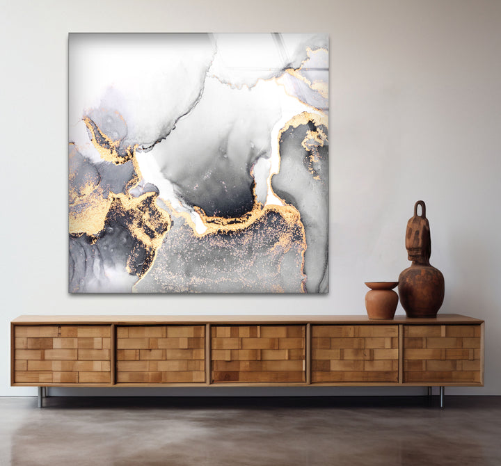 Monochrome Marble Glass Wall Art – Black White & Gold Luxury Abstract Print