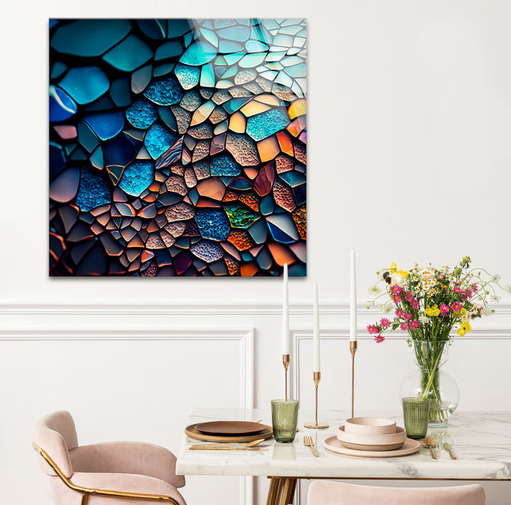 Strukturierte Mosaik-Glaswandkunst – Farbpalette des tiefen Ozeans, abstraktes steinähnliches Design 