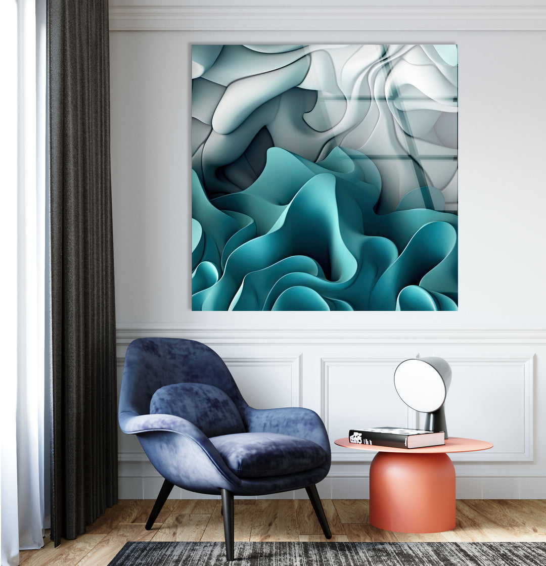 Aqua Dreamscape Wandkunst – Blaugrüner und grauer abstrakter Glasdruck 