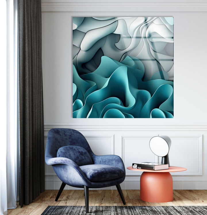 Aqua Dreamscape Wandkunst – Blaugrüner und grauer abstrakter Glasdruck 