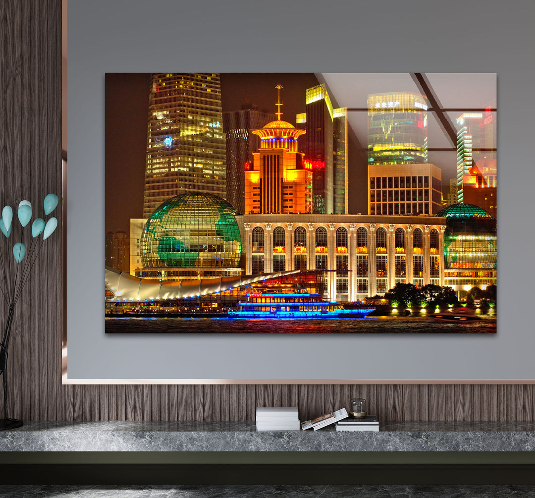 Shanghai Skyline Wall Art – Vibrant City Lights Glass Print for Modern Decor