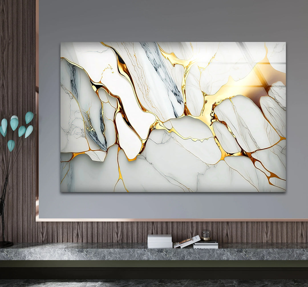 Gold Vein Marble Wall Art – Elegant White Glass Print with Metallic Cracks for Modern Luxe Interior Decor - MyPhotoStation