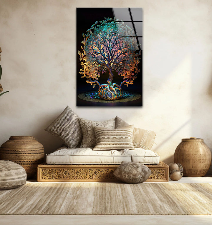 Mystical Tree of Life Wall Art – Colorful Spiritual Glass Print for Sacred and Boho Interiors - MyPhotoStation
