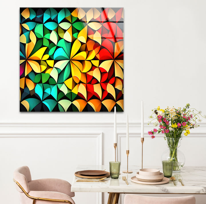 Bunte geometrische Glaswandkunst – Lebendiges abstraktes 3D-Muster
