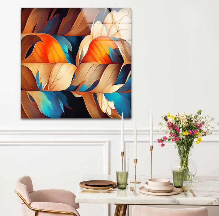 Abstract Feather Flow Glass Wall Art – Earthy Orange & Teal Nature Design