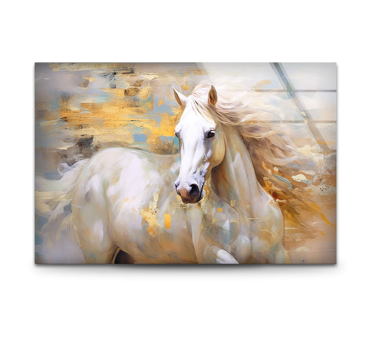 Majestic White Horse Wall Art – Abstract Glass Print for Modern Interiors