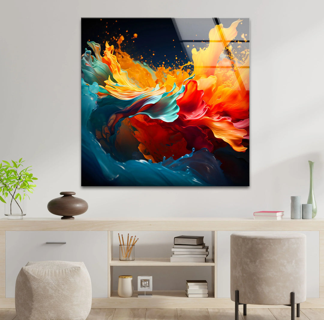 Fiery Abstract Splash Wall Art – Vibrant Glass Print in Red, Orange & Blue - MyPhotoStation