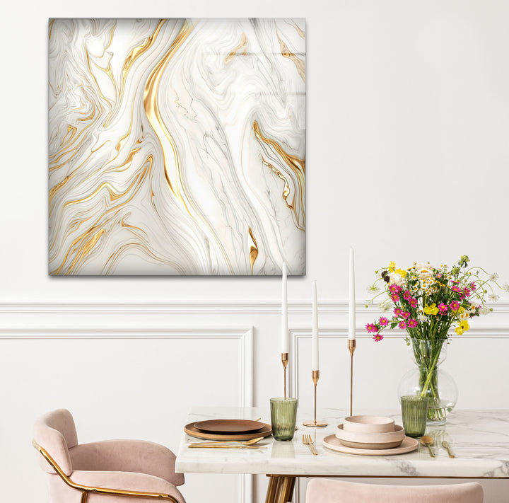 White & Gold Marble Glass Wall Art – Elegant Luxury Abstract Design