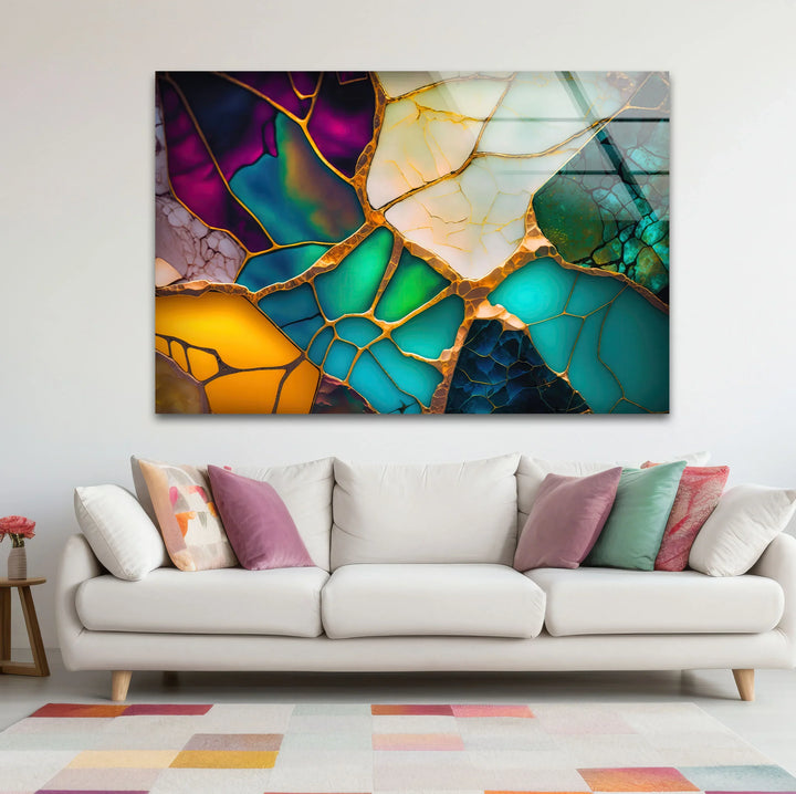 Colorful Abstract Stained Glass Wall Art – Golden Fractured Modern Glass Print - MyPhotoStation