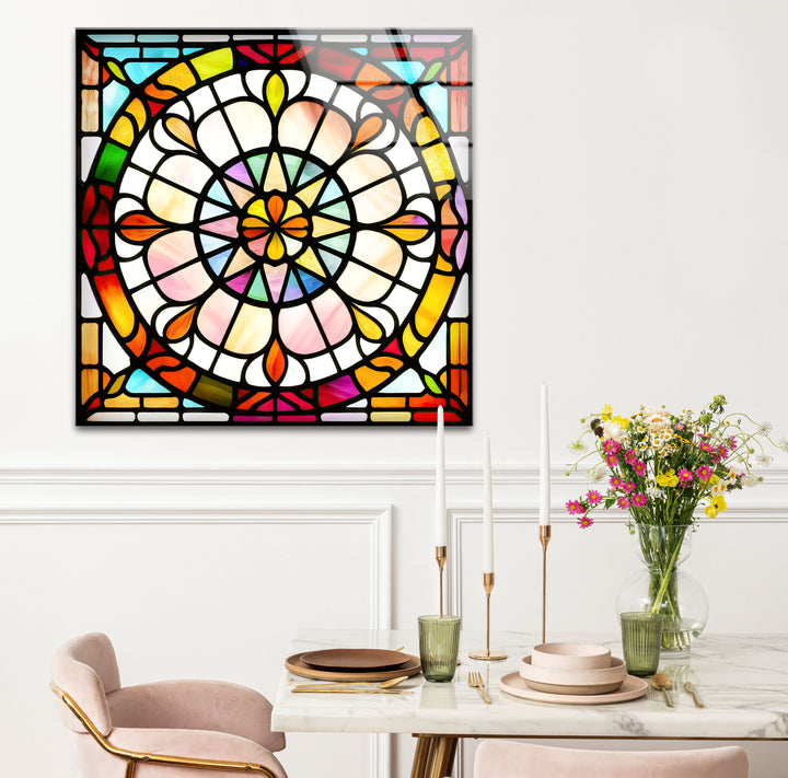Bunte Buntglas-Wandkunst – Lebendiges Rosenfenster-Glasdesign 